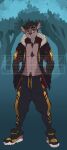  anthro black_hair bottomwear canid canine canis castbound chest_tuft clothing crotch_tuft domestic_dog fashion footwear hair hands_in_pockets hi_res jacket looking_at_viewer male mammal pants pockets red_eyes russell_(castbound) shoes sneakers solo standing topwear tuft watermark 