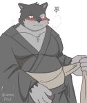  2021 anthro asian_clothing black_nose blush clothing domestic_cat east_asian_clothing felid feline felis hi_res himitsuri_no_lagoon humanoid_hands jamiephut japanese_clothing kemono lagoon_lounge male mammal overweight overweight_male simple_background solo video_games visual visual_novel yamato_(character) 