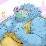  1:1 2015 anthro blue_body blue_fur blush clothing dragon_quest fur humanoid_hands kemono male mammal moobs orc_(dragon_quest) orc_king_(dragon_quest) overweight overweight_male shirt simple_background solo square_enix suid suina sus_(pig) topwear totemoii_029 video_games wild_boar 