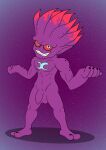  abstract_background absurd_res balls black_nails blue_markings colored_nails darkajugin dragon_ball dragon_ball_heroes fin_(dragon_ball_heroes) flaccid foreskin genitals hi_res humanoid looking_at_viewer majin male markings nails nude penis purple_body red_eyes red_markings sharp_teeth shrug solo teeth 