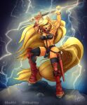  2021 abs anthro anthrofied applejack_(mlp) blonde_hair bottomwear bracelet clothing equid equine female footwear friendship_is_magic gloves hair handwear hasbro heavy_metal_(film) heavy_metal_(movie) hi_res hooves horse jewelry legwear lightning loincloth long_hair long_socks long_tail mammal melee_weapon muscular muscular_anthro muscular_female my_little_pony pony scabbard shin_pads skuttz socks solo sword taarna thigh_highs thigh_socks warrior weapon 