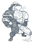  abs analon_(artist) anthro balls belt biceps bodily_fluids body_hair boots chest_hair clothing cum fish footwear genital_fluids genitals gloves grin handwear hat headgear headwear indy_jaws male marine monochrome muscular muscular_anthro muscular_male nipples pecs penis shark smile solo teeth torn_clothing video_games yo-kai_watch 