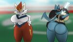  anthro big_breasts big_butt bone breasts butt cinderace duo female hands_on_hips huge_butt looking_at_viewer looking_back lucario navel nintendo pok&eacute;mon pok&eacute;mon_(species) presenting side_boob smile soupladdle1002 video_games wide_hips 