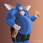  1:1 2020 anthro banana bearicthecleric belly black_nose blue_body blue_fur bulge clothing eyes_closed food fruit fur hi_res humanoid_hands male mammal moosh nintendo oracle_of_ages oracle_of_seasons overweight overweight_male plant simple_background solo the_legend_of_zelda underwear ursid video_games wings 