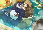  2021 anthro balls bathing belly_grab black_nose brown_body brown_fur canid canine detailed_background duo flaccid fur genitals giant_panda gyobu hi_res humanoid_genitalia humanoid_hands humanoid_penis lifewonders loneliestbara male male/male mammal mav_(deadly_kiten) moobs navel nipples overweight overweight_male penis raccoon_dog sitting tanuki tokyo_afterschool_summoners ursid video_games water 