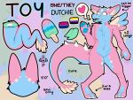  4:3 ambiguous_gender angeliimp anthro bisexual blue_body blue_fur digital_media_(artwork) dragon dutch_angel_dragon english_text female fur hi_res horn male model_sheet mythological_creature mythology nonbinary_(lore) open_mouth open_species pastel simple_background smile solo standing text toy_(angeliimp) tuft watermark wings 
