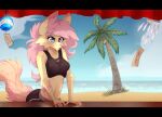  2018 anthro beach breasts canid canine cheek_tuft clothed clothing cloud crop_top detailed_background digital_media_(artwork) facial_tuft female fully_clothed fur heterochromia hyilpi letterbox light lighting mammal midriff navel outside palm_tree pink_body pink_fur pink_nose plant reysi sand seaside shaded shirt sky solo topwear tree tuft yellow_body yellow_fur 