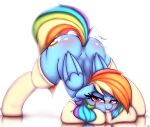 2021 absurd_res ass_up blush bodily_fluids clothing cutie_mark digital_media_(artwork) drooling equid equine eyelashes female feral friendship_is_magic hasbro heavymetalbronyyeah hi_res jack-o&#039;_pose legwear looking_at_viewer mammal multicolored_tail my_little_pony pegasus pose rainbow_dash_(mlp) rainbow_tail saliva simple_background solo tongue tongue_out wings 