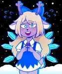  2021 anthro antlers biped blonde_hair capreoline cervid cirno clothed clothing cosplay crossover crossover_cosplay d_vaaaah deltarune female front_view fully_clothed hair horn long_hair looking_at_viewer mammal monotone_hair noelle_holiday open_mouth open_smile portrait reindeer smile snowgrave solo standing three-quarter_portrait touhou undertale_(series) video_games 