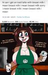  absurd_res anthro apron apron_only areola beverage big_breasts blue_eyes blush breasts brown_hair canid canine cleavage clothed clothing coffee collarbone container cup curvaceous curvy_figure detailed_background digital_media_(artwork) english_text female genitals green_apron hair hi_res holding_cup holding_object holding_pen i_mean_breast_milk inverted_nipples lemondude logo mammal marker meme mostly_nude nipple_slip nipples partially_clothed pen pink_areola public public_exposure puffy_areola puffy_nipples side_boob solo starbucks text thick_thighs voluptuous 