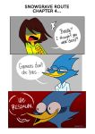  ambiguous_gender anthro avian beak berdly bird blue_body blue_feathers brown_hair clothed clothing comic deltarune dialogue digital_media_(artwork) duo emositecc english_text eyewear feathers glasses hair half-closed_eyes hi_res human humor kris_(deltarune) male mammal meme narrowed_eyes open_mouth red_background shocked simple_background smile snowgrave speech_bubble spoiler text tongue topwear undertale_(series) video_games wide_eyed 