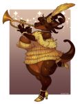  2021 absurd_res anthro big_breasts brass_instrument breasts cleavage clothed clothing female hi_res high_heels huge_breasts kobold miistniight musical_instrument non-mammal_breasts playing_music solo thick_thighs trumpet wind_instrument 