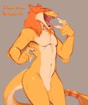  5:6 anthro biped bodily_fluids chest_tuft claws dialogue elbow_tufts english_text featureless_crotch fur gesture hair hi_res looking_at_viewer male nude open_mouth orange_body orange_fur orange_hair pointing pointing_at_self saliva saliva_string savvel sergal simple_background solo standing talking_to_viewer teeth text tongue tongue_out tuft zyyphelze 