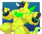  2021 abs anthro armor bandai_namco biceps bulkmon claws digimon digimon_(species) green_eyes headgear helmet hi_res male muscular muscular_anthro muscular_male o-ro pecs simple_background solo teeth yellow_body 