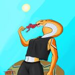  absurd_res alien anthro bodily_fluids bottomwear breasts clothing female food forked_tongue hi_res looking_at_viewer navel non-mammal_breasts open_mouth outside popsicle red_eyes reptile saliva scalie seductive skirt sleeveless_shirt small_breasts snake snake_hood solo sun tengridus tongue tongue_out video_games viper_(x-com) x-com x-com_2 