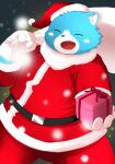  2020 anthro belly black_nose blue_body blue_fur bottomwear christmas christmas_clothing christmas_headwear clothing cute_fangs eyes_closed fur gift hat headgear headwear hi_res holidays humanoid_hands kemono mammal moosh night nintendo oracle_of_ages oracle_of_seasons outside overweight pants santa_claus santa_hat snow snowing solo the_legend_of_zelda trail_arnak ursid video_games 