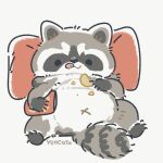  1:1 2021 belly black_eyes black_nose chibi chips_(food) dot_eyes eating feral food fur grey_body grey_fur lying mammal navel overweight pillow procyonid raccoon simple_background solo tongue tongue_out white_background white_body white_fur x_navel yencatx 