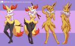  3_toes 5_fingers alanscampos alternate_version_at_source anthro anthrofied arms_above_head black_body black_fur black_nose black_sclera braixen breasts butt cheek_tuft chest_tuft digitigrade duo eeveelution eyelashes facial_tuft feet female fingers fur genitals hands_behind_back hi_res inner_ear_fluff jolteon looking_at_viewer looking_back multiple_images navel nintendo nipples nude one_eye_closed open_mouth orange_eyes orange_nose patreon pinup pok&eacute;mon pok&eacute;mon_(species) pok&eacute;morph pose purple_eyes pussy side_boob simple_background smile standing stick teeth text toes tongue tuft url video_games white_body white_fur wink yellow_body yellow_fur 
