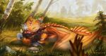  anoroth anthro avian blajn_(character) cuddling dragon dreamworks duo embrace female feral forest grass gryphon hi_res how_to_train_your_dragon hug licking light_fury lying meadow mythological_avian mythology night_fury plant scalie solena_(character) sunny tongue tongue_out tree western_dragon wings 