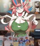  anthro anthrofied apron apron_only areola areola_slip big_breasts breasts cleavage clothed clothing digital_media_(artwork) eeveelution female green_apron hi_res huge_breasts i_mean_breast_milk meme mostly_nude nintendo nipple_outline piratefoxbox pok&eacute;mon pok&eacute;mon_(species) pok&eacute;morph public shaded side_boob solo sylveon video_games 