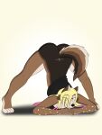  3:4 ass_up blonde_hair bottomless breasts brown_body brown_fur butt canid canine canis clothed clothing djcoyoteguy female fur hair hi_res highlights_(coloring) jack-o&#039;_pose kissa mammal partially_clothed pink_hair pinup pose simple_background solo tattoo tramp_stamp wolf 