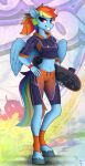  2021 anthro blue_body clothing equid equine female friendship_is_magic hair hasbro hi_res mammal multicolored_hair multicolored_tail my_little_pony navel pegasus rainbow_dash_(mlp) skateboard solo unguligrade_anthro wings wristband yakovlev-vad 
