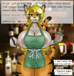  2021 absurd_res anthro apron apron_only areola areola_slip big_areola big_breasts black_body black_fur black_stripes blonde_hair bottomless bottomless_anthro bottomless_female breasts cleavage clothed clothing container cup curvy_figure detailed_background dialogue digital_media_(artwork) english_text eyelashes felid female fingers fur green_apron green_eyes hair hi_res holding_cup holding_object holding_pen hourglass_figure huge_breasts i_mean_breast_milk long_hair looking_at_viewer mammal meme mostly_nude multicolored_body multicolored_fur nipples orange_body orange_fur pantherine pen pink_areola public public_exposure side_boob smile solo standing striped_body striped_fur stripes tabykat tabytha_starling text thick_thighs tiger tongue voluptuous white_body white_fur wide_hips 