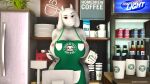  16:9 3d_(artwork) anthro apron apron_only beverage boss_monster bovid breasts caprine clothing coffee coffee_mug darkflash23 digital_media_(artwork) exposed_breasts female goat green_apron hi_res i_mean_breast_milk looking_at_viewer mammal meme mostly_nude nipple_slip solo source_filmmaker starbucks toriel undertale undertale_(series) video_games widescreen 