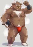  2021 absurd_res anthro asian_clothing blush bovid bovine brown_body cattle clothing east_asian_clothing facial_piercing fundoshi hi_res horn humanoid_hands japanese_clothing kemono male mammal muscular muscular_male navel nipples nose_piercing nose_ring piercing red_clothing red_fundoshi red_underwear shiike999 solo underwear 