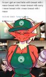  2021 anthro apron apron_only areola areola_slip big_breasts blaziken blush breasts clothing container cross-popping_vein cup digital_media_(artwork) english_text eyebrows eyes_closed female green_apron hanako_(lyorenth-the-dragon) hat headgear headwear hi_res holding_cup holding_object holding_pen i_mean_breast_milk lyorenth-the-dragon meme mostly_nude neck_tuft nintendo nipple_piercing nipples onomatopoeia pen piercing pok&eacute;mon pok&eacute;mon_(species) public public_exposure red_body ruff shaded side_boob solo sound_effects text tuft video_games 