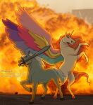  centaurworld crossover duo equid equine female feral fire holding_object horse horse_(centaurworld) kaereth male mammal masters_of_the_universe mattel melee_weapon mouth_hold netflix open_mouth open_smile open_wings she-ra_and_the_princesses_of_power smile swift_wind sword weapon 