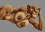  anthro anthrofied areola big_breasts big_butt breasts butt colored_nails curvy_figure digital_media_(artwork) disney el-loko felid female fingers fur grey_background hand_on_butt hand_on_head lion looking_at_viewer lying mammal nails navel nipples nude on_side pantherine red_eyes sarabi simple_background smile smirk solo the_lion_king 