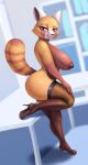  2021 aggressive_retsuko ailurid anthro areola big_areola big_breasts big_butt breasts butt clothing curvy_figure eyebrows female fingers footwear hi_res high_heels legwear legwear_only looking_at_viewer mammal mature_female mostly_nude nexcoyotlgt nipples pose puffy_areola red_panda retsuko sanrio side_boob side_view solo standing stockings thick_thighs voluptuous wide_hips 