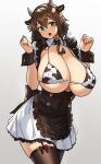  2021 animal_humanoid animal_print big_breasts blush bovid bovid_humanoid bovine bovine_humanoid bra breasts cattle_humanoid clothing cow_print cowbell cuffs_(clothing) ear_tag female garter_belt garter_straps grey_background hi_res horn houtengeki huge_breasts humanoid legwear light_body light_skin maid_uniform mammal mammal_humanoid nipple_outline number numbered_ear_tag numbered_tag open_mouth simple_background solo squish thigh_highs thigh_squish underwear uniform 