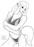  1999 anthro bernard_doove bikini breasts canid canine cleavage clothed clothing ear_piercing ear_ring female fur greyscale hair looking_at_viewer mammal monochrome nipple_outline piercing simple_background solo swimwear white_background 