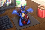  &lt;3 3:2 ambiguous_gender anthro beverage blush chigiri computer computer_keyboard container cup detailed_background holding_object looking_at_viewer lucario micro nintendo pok&eacute;mon pok&eacute;mon_(species) solo tail_motion tailwag video_games 