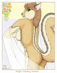  1994 anthro bernard_doove breasts brown_body brown_fur brown_hair butt clothing featureless_breasts female flower fur green_eyes hair looking_at_viewer looking_back looking_back_at_viewer mammal megan_nuthall plant rear_view rodent sciurid solo striped_back translucent translucent_clothing tree_squirrel 