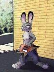  anthro brick_wall canid canine clothed clothing conjoined crotch_head disney duo female fox hand_on_head judy_hopps lagomorph leporid male male/female mammal nerdawaykid nick_wilde outside rabbit text topless topless_female wall_(structure) what what_has_science_done why zootopia 