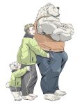  absurd_res anthro blonde_hair blush bottomwear bulge chan_kiti_chan_(artist) clothing embrace family father father_and_child father_and_son fur group hair hi_res hug human human_on_anthro interspecies jacket larger_anthro male male/male mammal muscular muscular_anthro muscular_male open_mouth pants parent parent_and_child red_eyes shirt shorts size_difference smaller_anthro smaller_human son tank_top topwear trio ursid white_body white_fur 