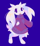  absurd_res anthro blue_background blue_clothing blue_sweater blue_topwear blush blush_stickers bottomless cave_story clothed clothing digital_drawing_(artwork) digital_media_(artwork) facial_scar female floppy_ears fluffy fluffy_ears fluffy_tail front_view fur fur_tuft head_tuft hi_res lagomorph leg_tuft leporid looking_at_viewer lop_ears mammal mimiga open_mouth rabbit scar shaded shanecerity signature simple_background smile solo sue_sakamoto sweater topwear tuft video_games white_body white_fur 