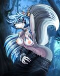  2012 anthro blue_eyes blue_hair breasts canid canine canis chest_tuft clothed clothing digital_media_(artwork) female fingers fur grey_body grey_fur hair hands_behind_head hi_res lassie_lunaris looking_at_viewer magolobo mammal mature_anthro mature_female nipples nude outside partially_clothed plant pose shaded smile solo tree tuft undressing wolf 