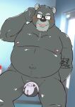  2021 anthro balls belly blush bumomomoboa chastity_cage chastity_device eyewear genitals glasses hi_res humanoid_hands kemono male mammal mature_male moobs navel nipples overweight overweight_male penis solo ursid 
