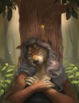  2021 5_fingers anthro black_nose canid canine clothed clothing day detailed_background digital_media_(artwork) eyewear female fingers forest fur glasses hair hi_res mammal outside plant shwonky solo tree 