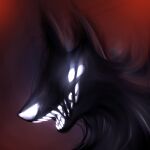  2021 ambiguous_gender black_body canid canine fangs glowing glowing_eyes glowing_nose glowing_teeth headshot_portrait hi_res keadonger mammal portrait shadow_creature simple_background solo teeth 