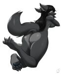  4_toes anthro black_hair black_pawpads breasts butt canid canine canis claws falrissa_lothe feet female fur grey_body grey_fur hair hi_res kittell_(artist) looking_at_viewer looking_back looking_back_at_viewer lying mammal nude on_front pawpads paws rear_view side_boob simple_background smile soles solo toe_claws toes white_background wolf yellow_eyes 