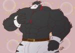  abs anthro biceps big_muscles black_body blush bulge clothed clothing deltarune digital_media_(artwork) hand_on_chest hi_res huge_muscles hyper hyper_muscles male muscular muscular_anthro muscular_male necktie pecs simple_background solo swatchling topless undertale_(series) video_games zephir 
