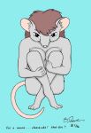  1996 anthro bernard_doove blue_background breasts brown_hair covering covering_self english_text female fur grey_body grey_fur hair mammal mouse murid murine pink_nose rodent simple_background solo text 