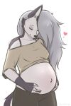  &lt;3 anthro artist_name bahnbahn_(artist) belly big_belly black_body black_fur breasts canid canid_demon clothed clothing demon ear_piercing ear_ring eyes_closed female fingers fur grey_hair hair half-length_portrait hand_on_stomach hellhound helluva_boss hi_res long_hair loona_(helluva_boss) mammal midriff piercing portrait pregnant simple_background solo standing white_background white_body white_fur 