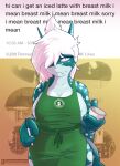 anthro apron apron_only areola areola_slip beverage big_breasts big_tail blue_body blue_eyes blue_skin breasts carpet_shark cleavage clothed clothing coffee coffee_shop container cup curvy_figure digital_media_(artwork) english_text eyelashes female fingers fish front_view frown green_apron green_clothing green_shirt green_topwear hair hi_res holding_(disambiguation) holding_cup holding_object holding_pen humor i_mean_breast_milk looking_away marine meme menu mostly_nude nipples non-mammal_breasts one_eye_obstructed open_clothing open_shirt open_topwear pen pose raunchyhaunches shaded shark shirt shy side_boob simple_background solo standing text text_on_apron text_on_clothing thick_thighs top_(disambiguation) top_knot topwear tweet vivian_plums voluptuous waiter waitress_outfit whale_shark white_body white_hair white_skin wide_fingers wide_hips 