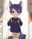  5:6 animal_humanoid backpack blue_eyes blue_hair bottomwear canid canid_humanoid canine canine_humanoid child clothing ear_piercing fox_humanoid hair hi_res humanoid male mammal mammal_humanoid piercing shirt shorts smile solo thebrushking topwear young 